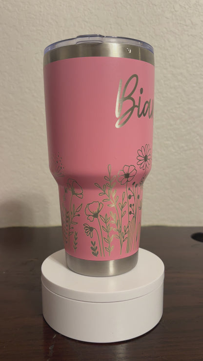 Personalized 30 oz Tumbler, with bottom wildflowers, and a butterfly, and custom name